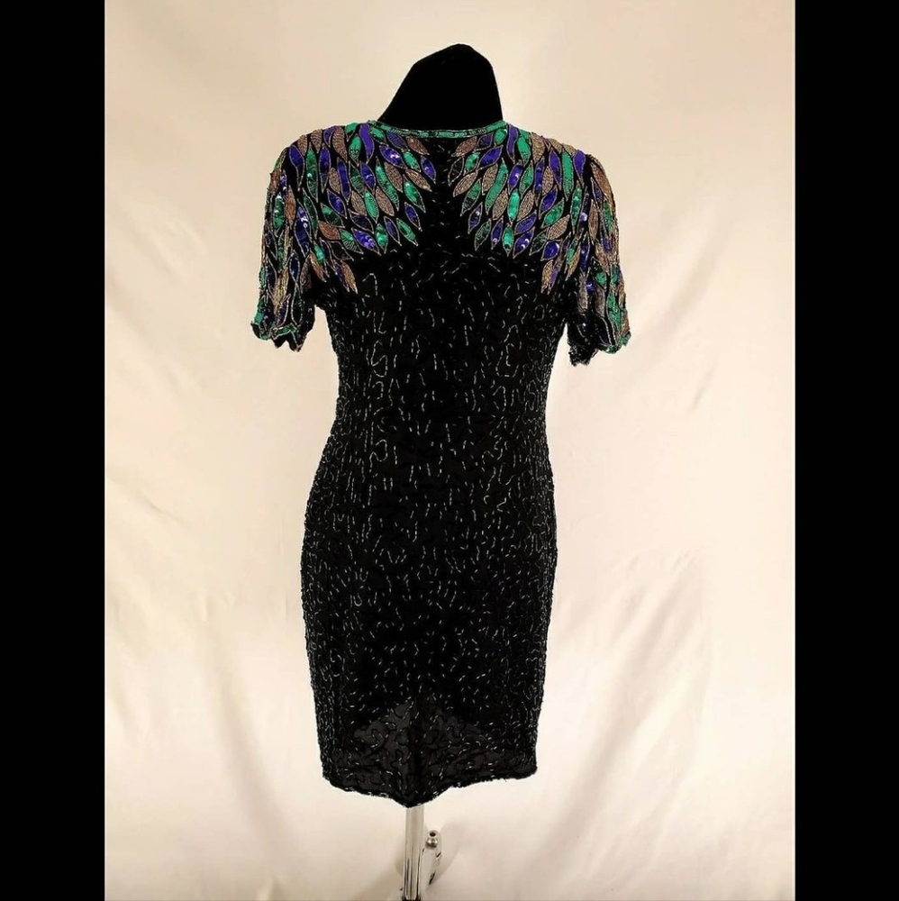 80s beaded peacock beaded cocktail dress